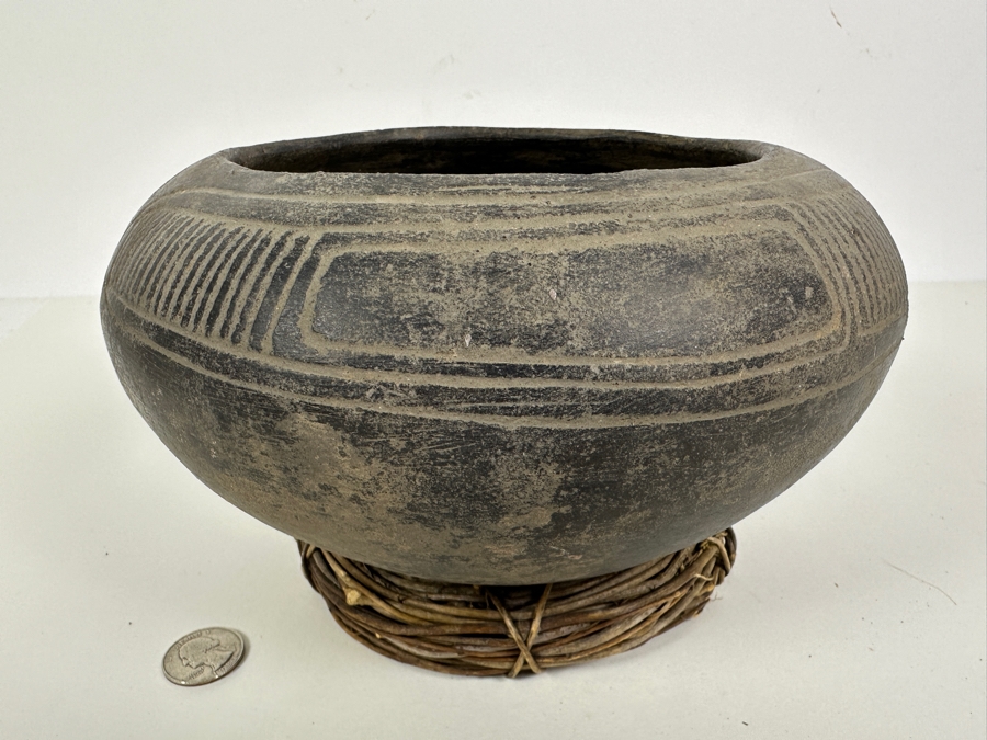 Just Added - Archaeological Incised Pot Black Fired Clay Very Old Museum Piece 9W X 5.5H [Photo 8]