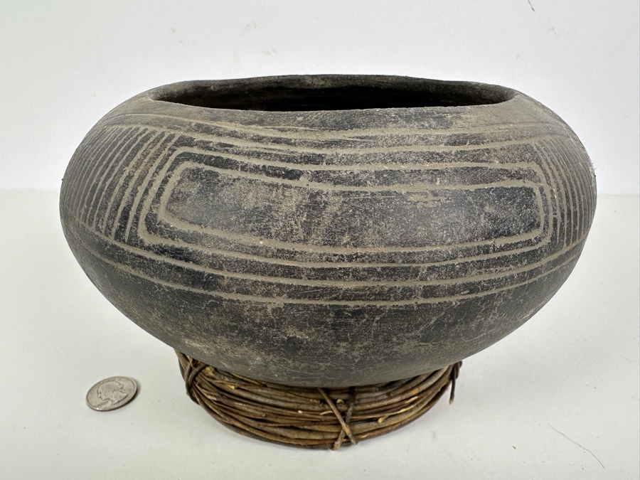 Just Added - Archaeological Incised Pot Black Fired Clay Very Old Museum Piece 9W X 5.5H [Photo 2]