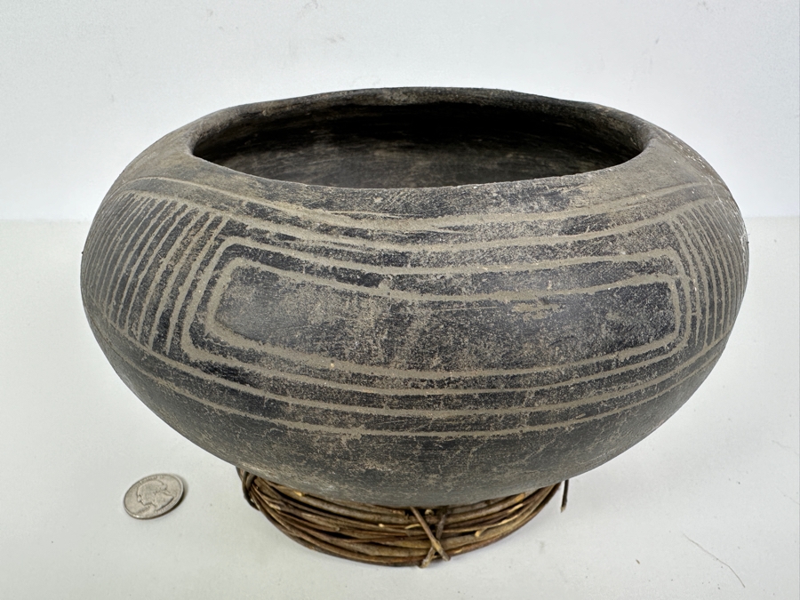Just Added - Archaeological Incised Pot Black Fired Clay Very Old Museum Piece 9W X 5.5H [Photo 3]