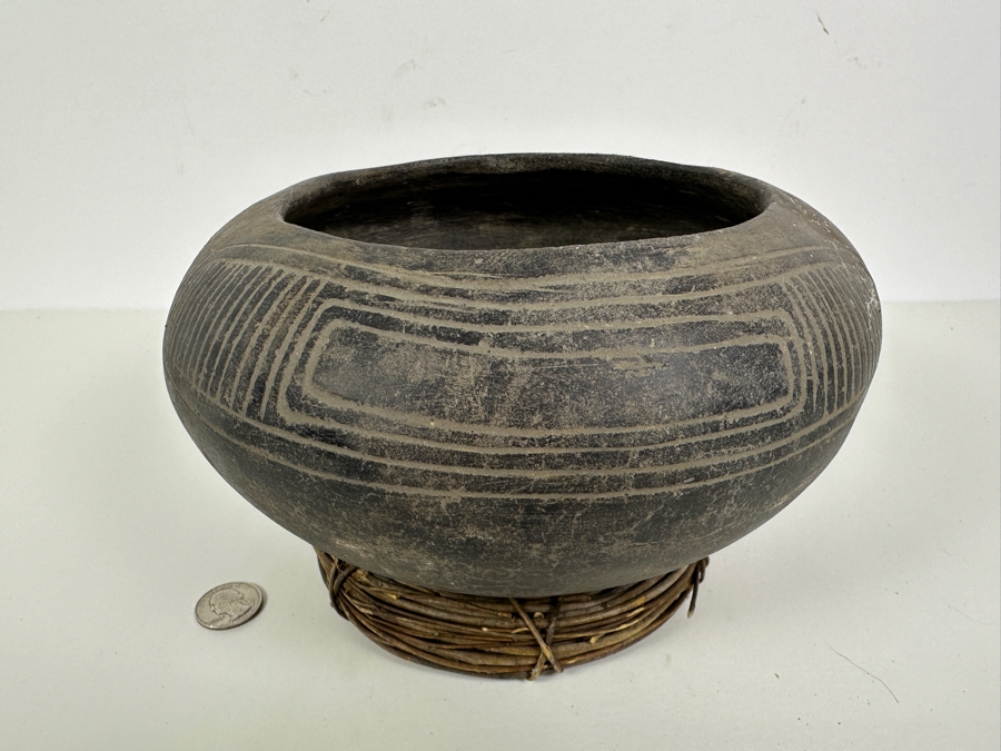 Just Added - Archaeological Incised Pot Black Fired Clay Very Old Museum Piece 9W X 5.5H [Photo 4]