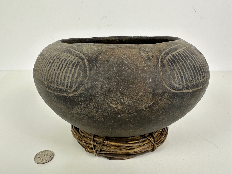 Just Added - Archaeological Incised Pot Black Fired Clay Very Old Museum Piece 9W X 5.5H [Photo 7]