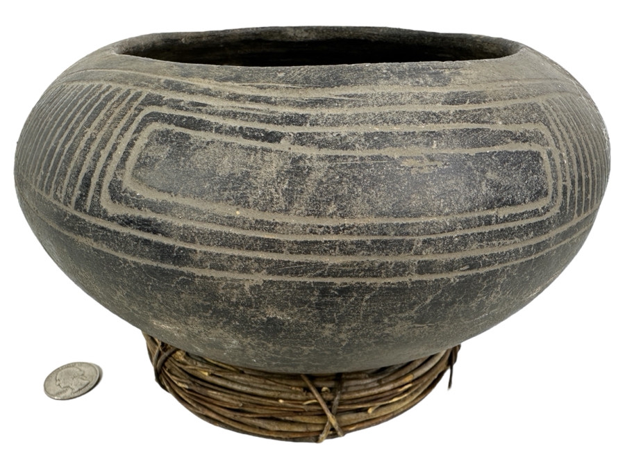 Just Added - Archaeological Incised Pot Black Fired Clay Very Old Museum Piece 9W X 5.5H [Photo 1]