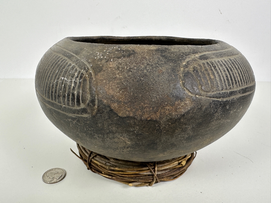 Just Added - Archaeological Incised Pot Black Fired Clay Very Old Museum Piece 9W X 5.5H [Photo 9]