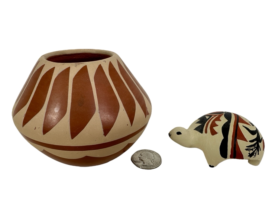 Just Added - Pair Of Artist Signed Jemez New Mexico Pottery Pieces: Pot And Turtle