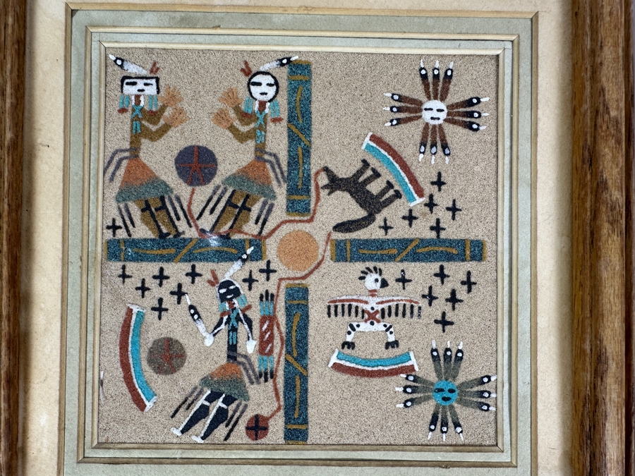 Just Added - Pair Of Sand Paintings: Sun Creation By Keedah & Coyote Stealing Fire By Nez 6 X 6 [Photo 3]