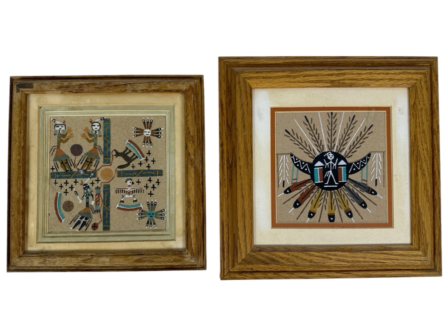 Just Added - Pair Of Sand Paintings: Sun Creation By Keedah & Coyote Stealing Fire By Nez 6 X 6 [Photo 1]
