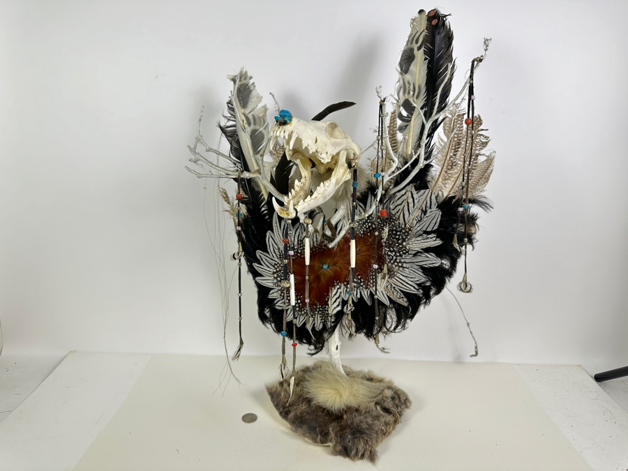 Southwest Spirit Catcher with Coyote Skull, Turkey Feather Wings, Turquoise Nose, Rabbit Fur and Hanging Beads [Photo 3]