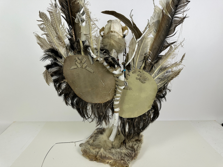 Southwest Spirit Catcher with Coyote Skull, Turkey Feather Wings, Turquoise Nose, Rabbit Fur and Hanging Beads [Photo 14]