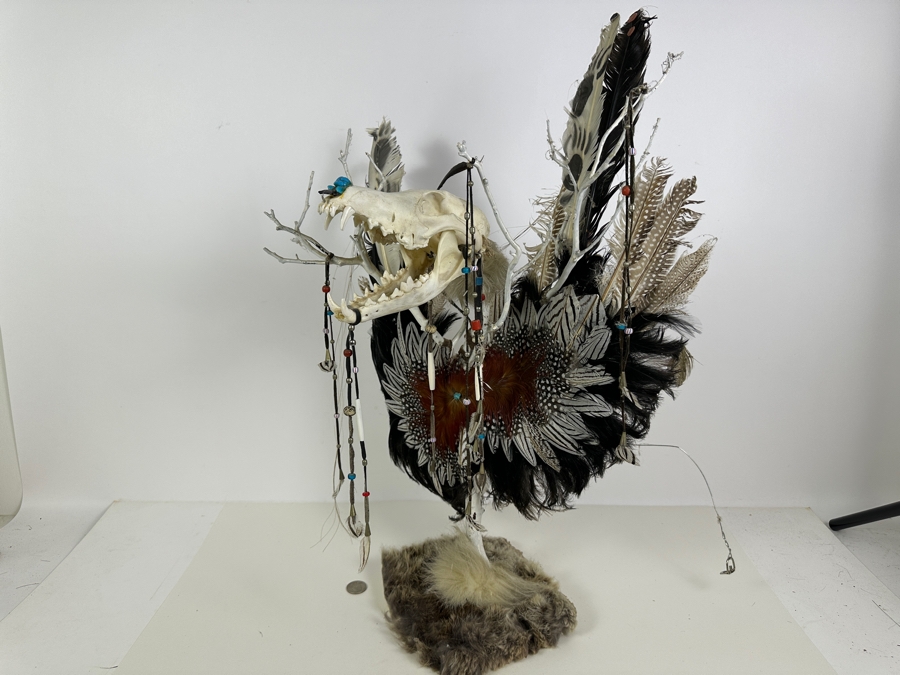 Southwest Spirit Catcher with Coyote Skull, Turkey Feather Wings, Turquoise Nose, Rabbit Fur and Hanging Beads [Photo 9]