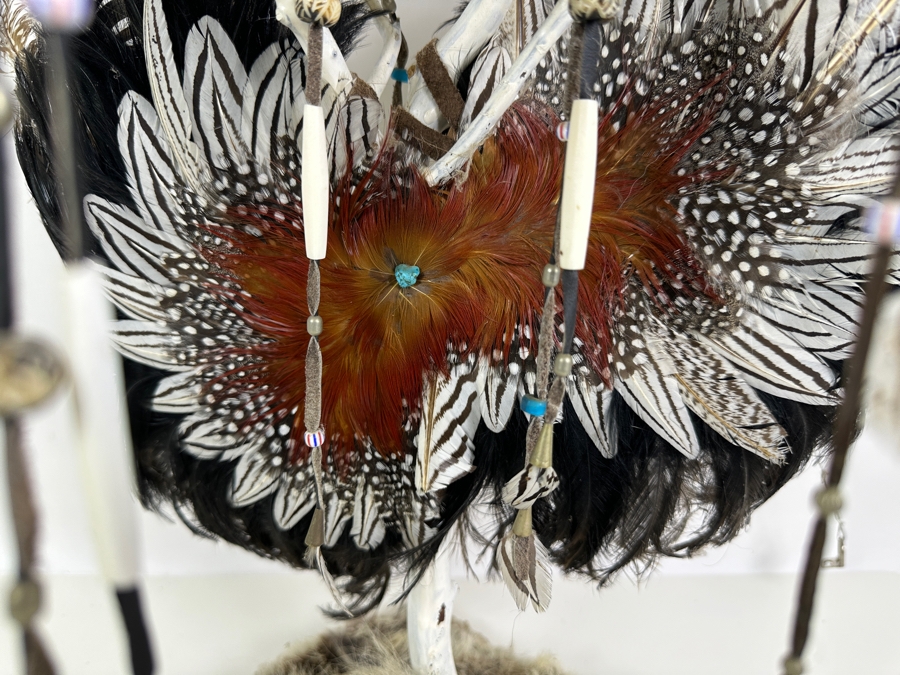 Southwest Spirit Catcher with Coyote Skull, Turkey Feather Wings, Turquoise Nose, Rabbit Fur and Hanging Beads [Photo 7]