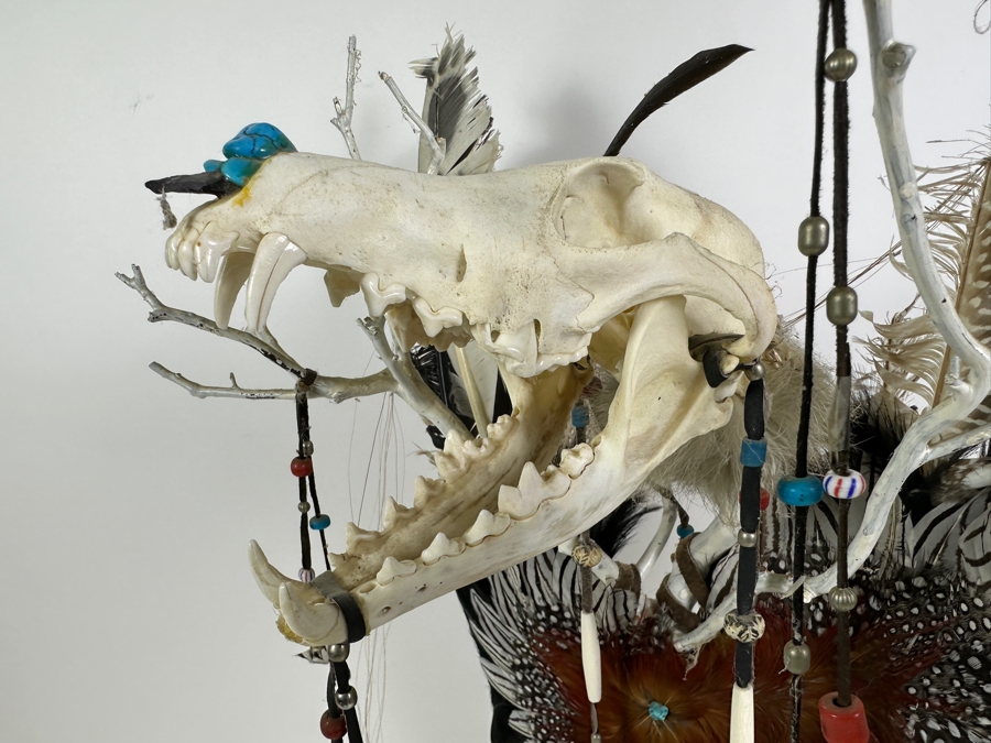 Southwest Spirit Catcher with Coyote Skull, Turkey Feather Wings, Turquoise Nose, Rabbit Fur and Hanging Beads [Photo 10]