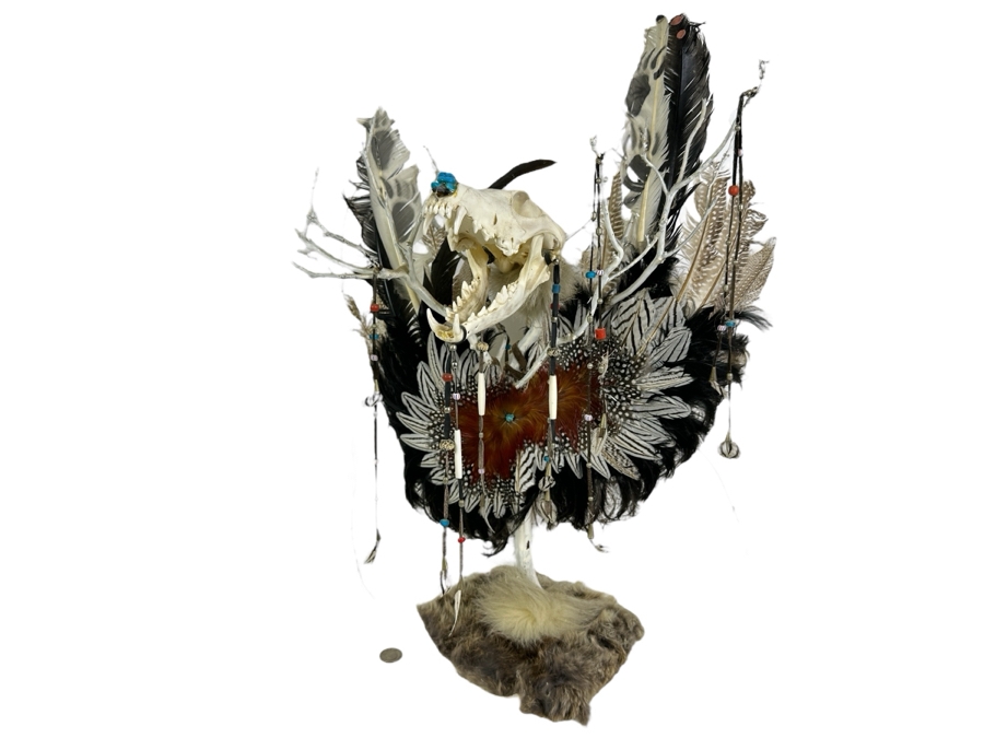 Southwest Spirit Catcher with Coyote Skull, Turkey Feather Wings, Turquoise Nose, Rabbit Fur and Hanging Beads [Photo 2]