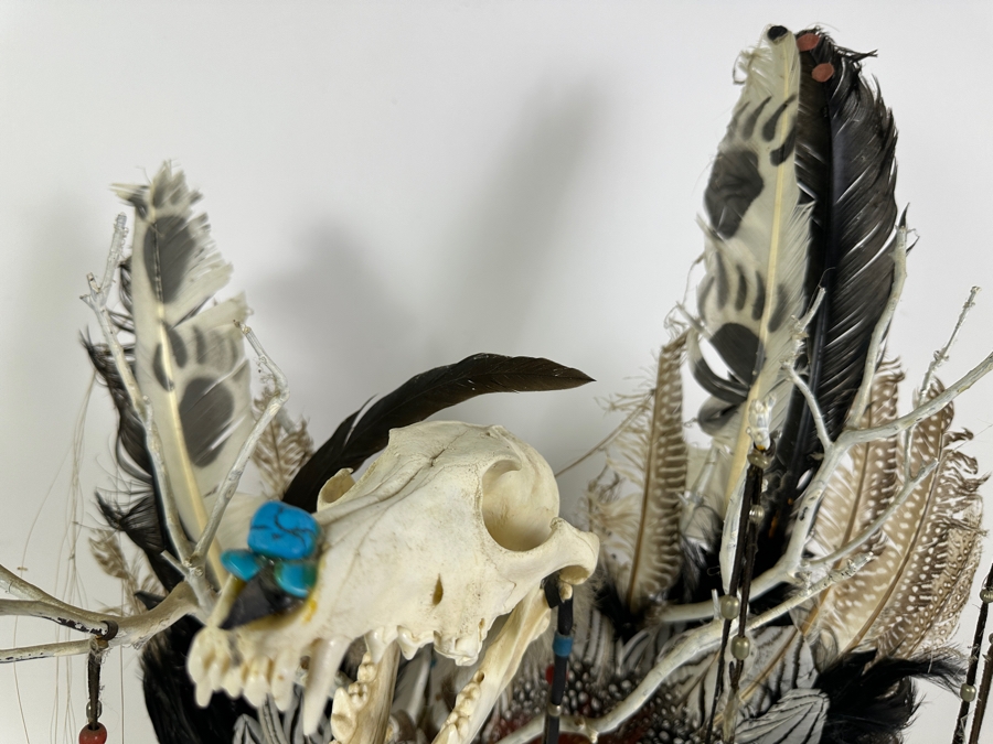 Southwest Spirit Catcher with Coyote Skull, Turkey Feather Wings, Turquoise Nose, Rabbit Fur and Hanging Beads [Photo 8]