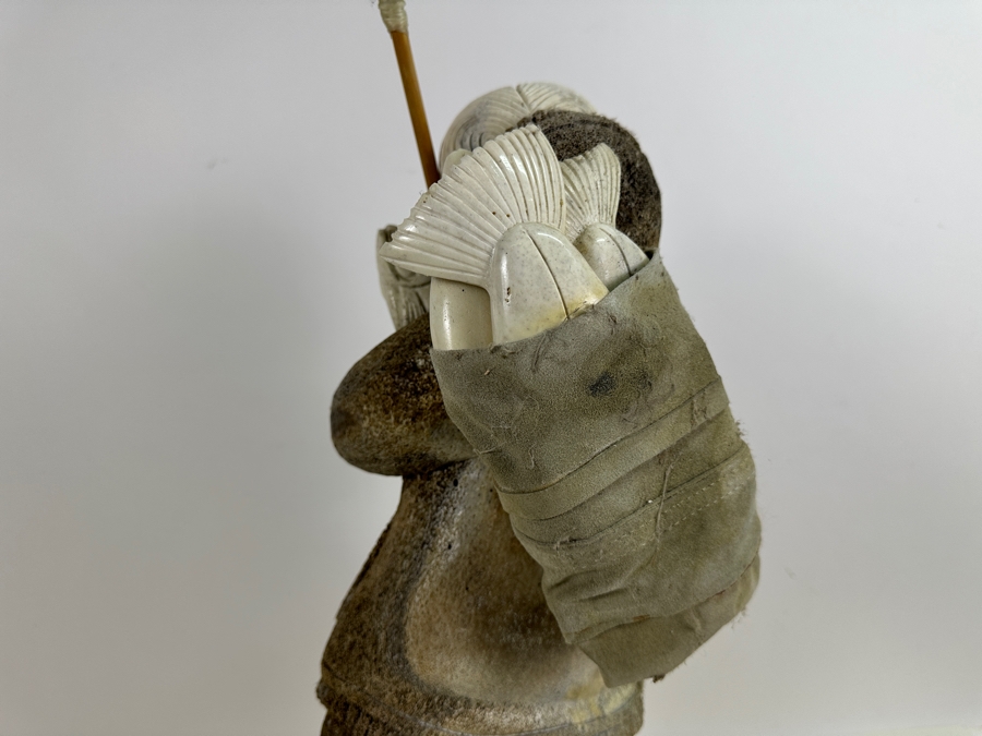 Just Added - Large Impressive Hand Carved Inuit Woman With Trident On Whale Vertebrae With Carved Bone Head And Six Salmon Fish 27'H [Photo 15]