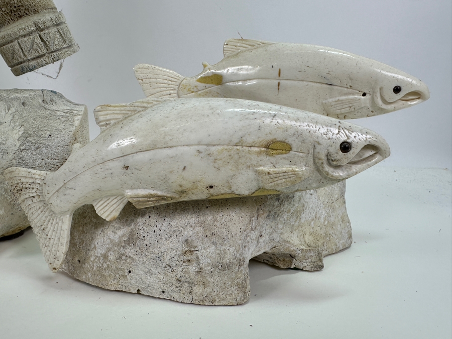 Just Added - Large Impressive Hand Carved Inuit Woman With Trident On Whale Vertebrae With Carved Bone Head And Six Salmon Fish 27'H [Photo 7]