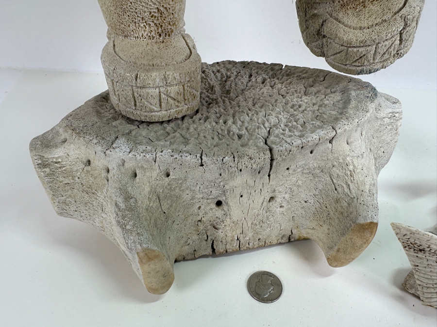 Just Added - Large Impressive Hand Carved Inuit Woman With Trident On Whale Vertebrae With Carved Bone Head And Six Salmon Fish 27'H [Photo 10]