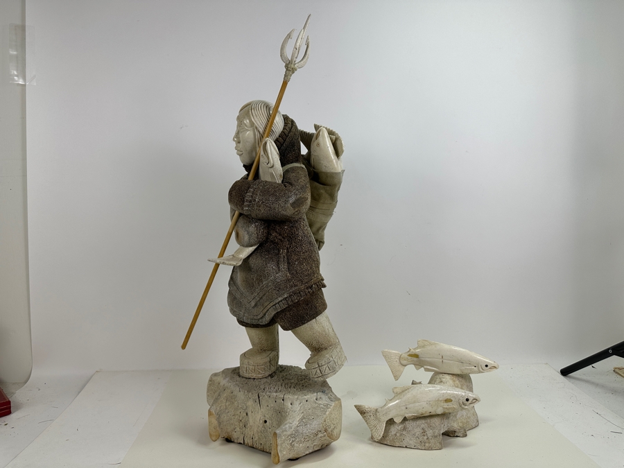Just Added - Large Impressive Hand Carved Inuit Woman With Trident On Whale Vertebrae With Carved Bone Head And Six Salmon Fish 27'H [Photo 18]