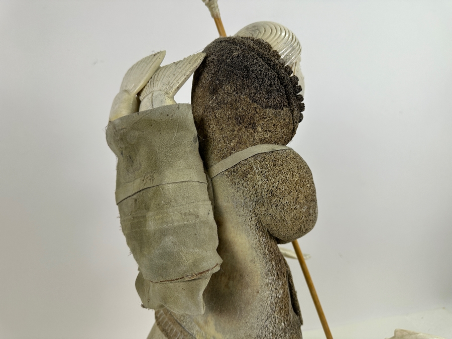 Just Added - Large Impressive Hand Carved Inuit Woman With Trident On Whale Vertebrae With Carved Bone Head And Six Salmon Fish 27'H [Photo 14]