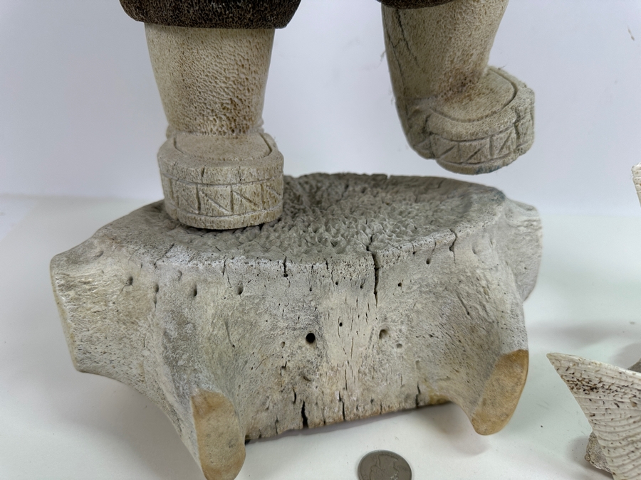 Just Added - Large Impressive Hand Carved Inuit Woman With Trident On Whale Vertebrae With Carved Bone Head And Six Salmon Fish 27'H [Photo 6]