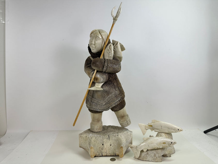 Just Added - Large Impressive Hand Carved Inuit Woman With Trident On Whale Vertebrae With Carved Bone Head And Six Salmon Fish 27'H [Photo 2]