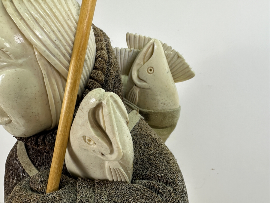 Just Added - Large Impressive Hand Carved Inuit Woman With Trident On Whale Vertebrae With Carved Bone Head And Six Salmon Fish 27'H [Photo 5]