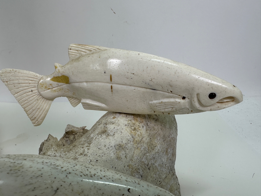 Just Added - Large Impressive Hand Carved Inuit Woman With Trident On Whale Vertebrae With Carved Bone Head And Six Salmon Fish 27'H [Photo 9]