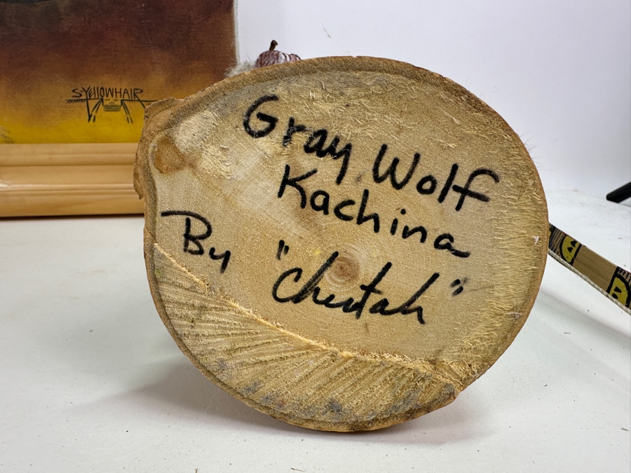 Just Added - Original Acrylic Painting On Canvas Of A Kachina And Pottery By S. Yellowhair 1976 15 X 30 Along With Matching Gray Wolf Kachina Doll Artist Signed Underneath [Photo 9]