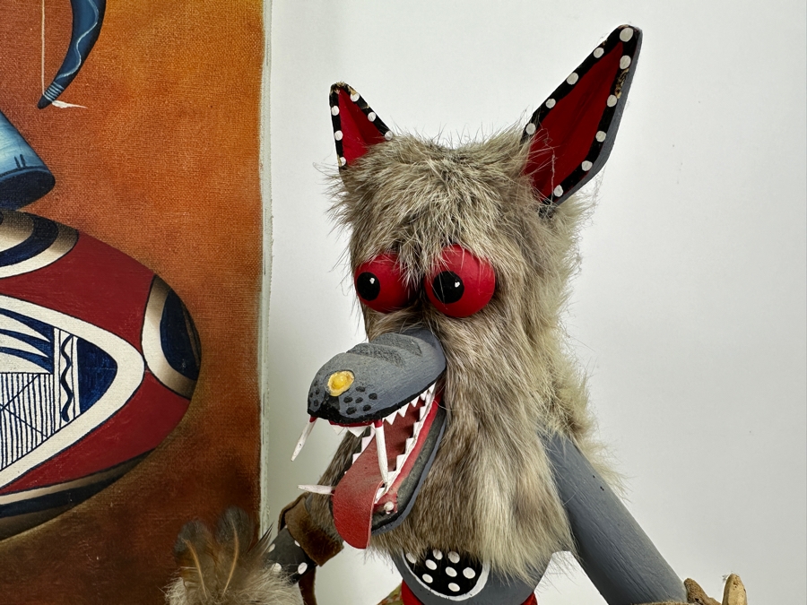 Just Added - Original Acrylic Painting On Canvas Of A Kachina And Pottery By S. Yellowhair 1976 15 X 30 Along With Matching Gray Wolf Kachina Doll Artist Signed Underneath [Photo 2]