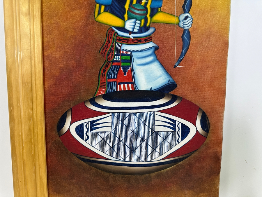 Just Added - Original Acrylic Painting On Canvas Of A Kachina And Pottery By S. Yellowhair 1976 15 X 30 Along With Matching Gray Wolf Kachina Doll Artist Signed Underneath [Photo 7]