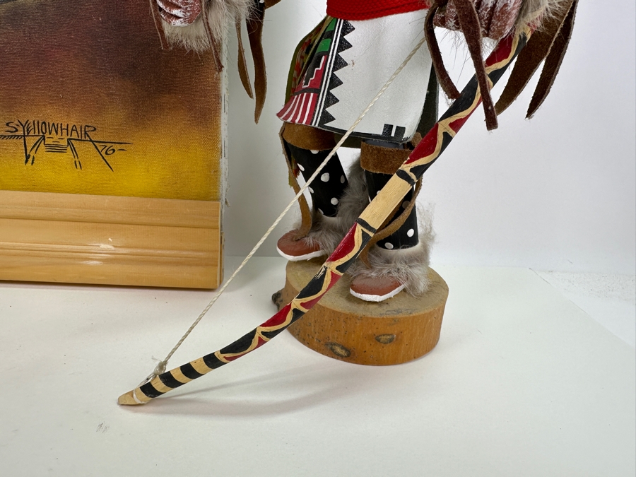 Just Added - Original Acrylic Painting On Canvas Of A Kachina And Pottery By S. Yellowhair 1976 15 X 30 Along With Matching Gray Wolf Kachina Doll Artist Signed Underneath [Photo 4]