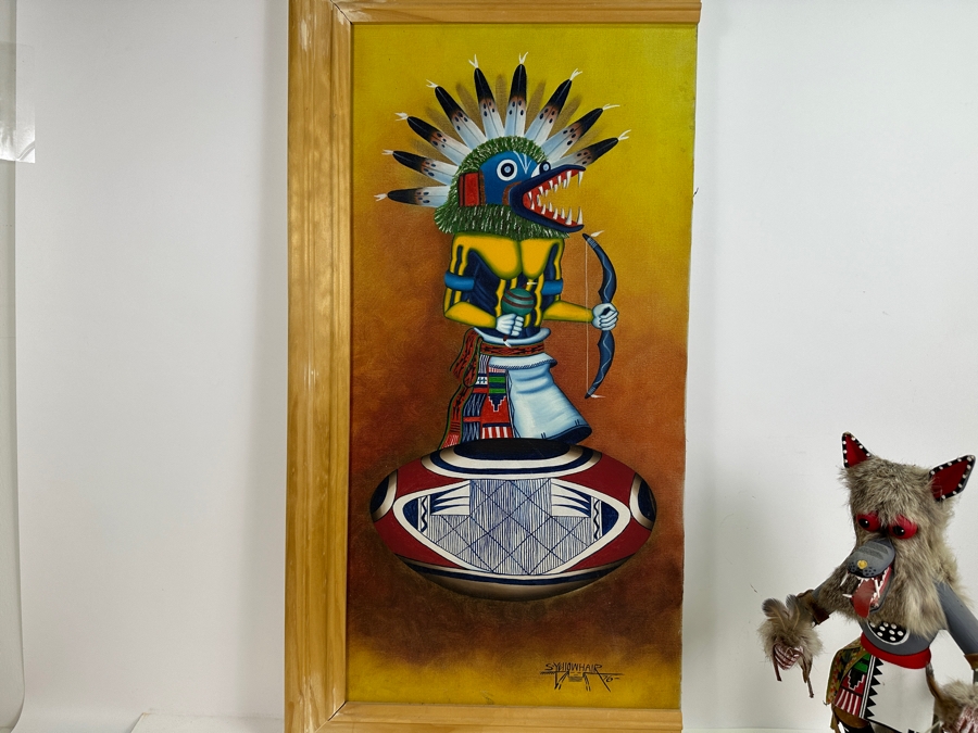 Just Added - Original Acrylic Painting On Canvas Of A Kachina And Pottery By S. Yellowhair 1976 15 X 30 Along With Matching Gray Wolf Kachina Doll Artist Signed Underneath [Photo 5]