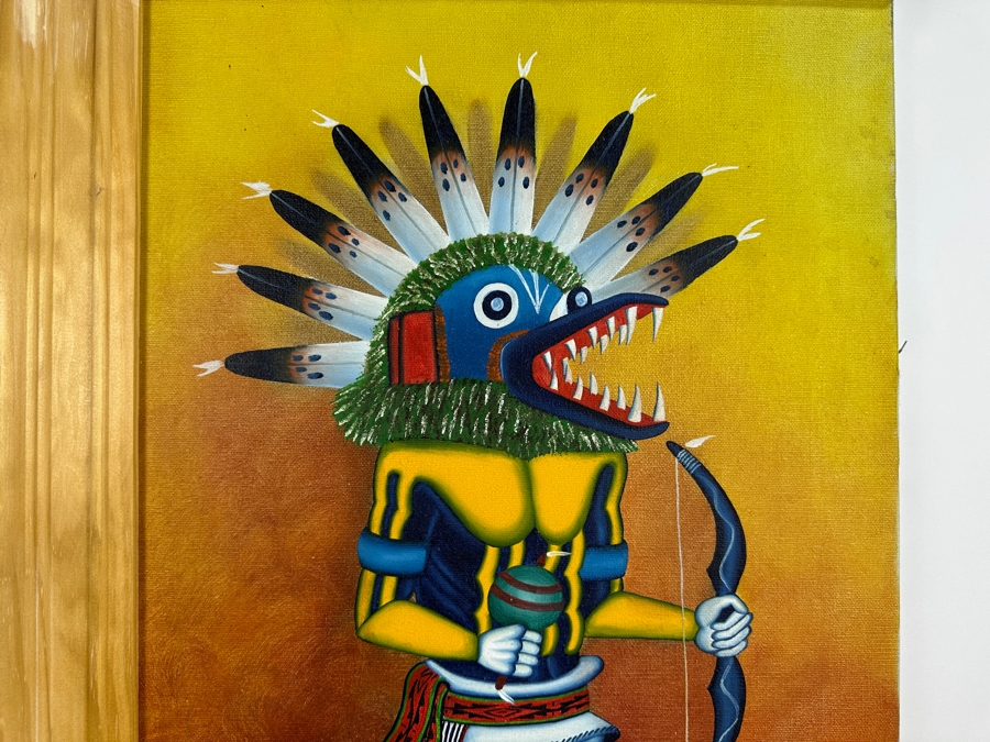 Just Added - Original Acrylic Painting On Canvas Of A Kachina And Pottery By S. Yellowhair 1976 15 X 30 Along With Matching Gray Wolf Kachina Doll Artist Signed Underneath [Photo 6]