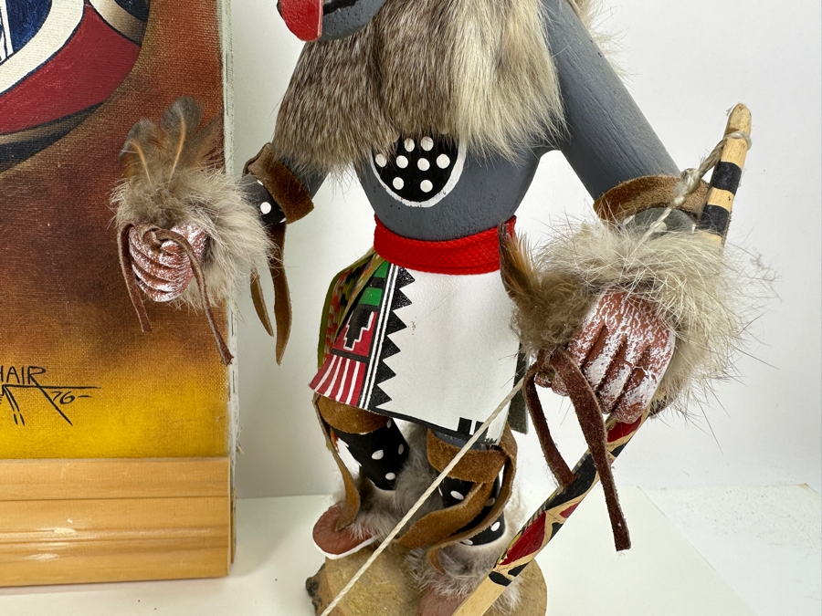 Just Added - Original Acrylic Painting On Canvas Of A Kachina And Pottery By S. Yellowhair 1976 15 X 30 Along With Matching Gray Wolf Kachina Doll Artist Signed Underneath [Photo 3]