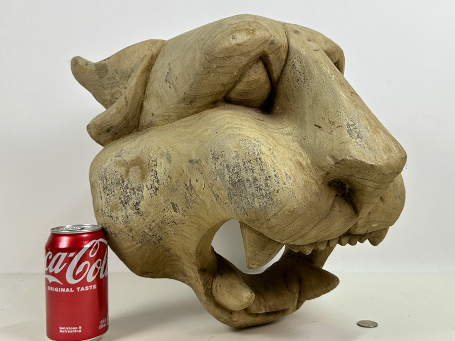 Just Added - Impressive Large Carved Wooden Lion Jaguar Head 13W X 13D X 12H