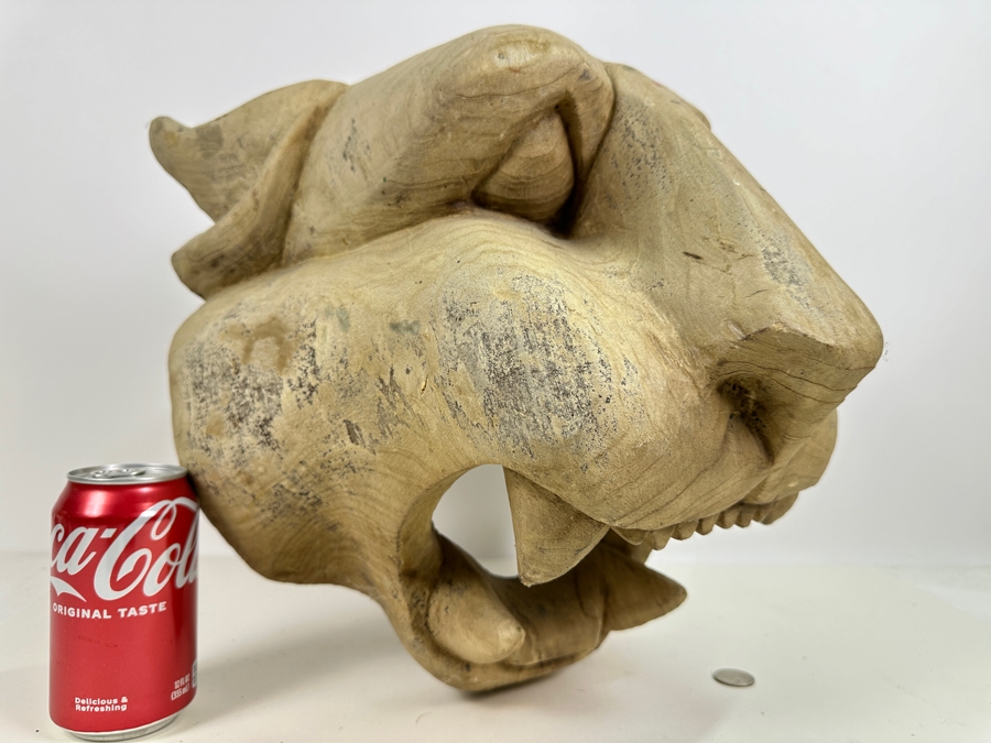 Just Added - Impressive Large Carved Wooden Lion Jaguar Head 13W X 13D X 12H [Photo 4]