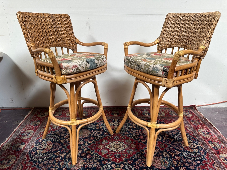 Just Added - Pair Of Rattan Swivel Bar Stools By Alexander & Sheridan Ltd 32'H Seat Height [Photo 6]