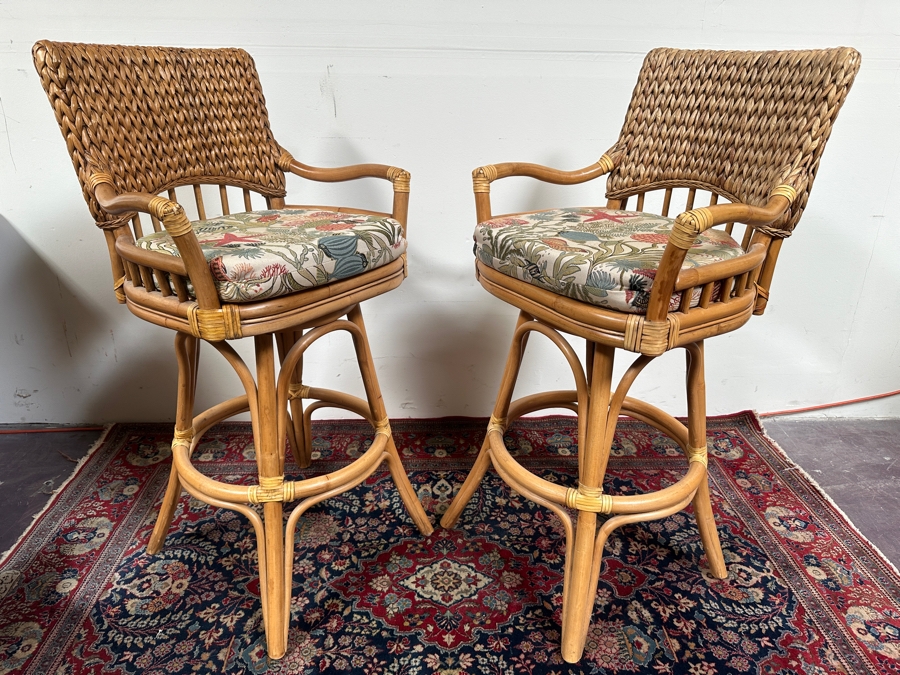 Just Added - Pair Of Rattan Swivel Bar Stools By Alexander & Sheridan Ltd 32'H Seat Height [Photo 7]