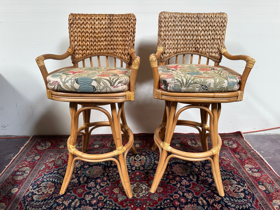 Just Added - Pair Of Rattan Swivel Bar Stools By Alexander & Sheridan Ltd 32'H Seat Height [Photo 2]