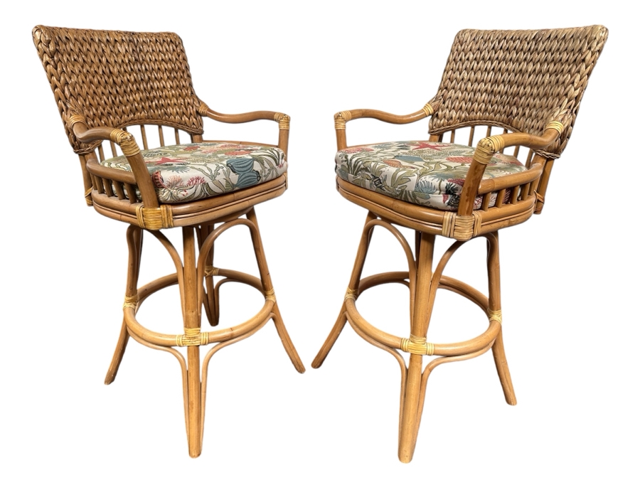Just Added - Pair Of Rattan Swivel Bar Stools By Alexander & Sheridan Ltd 32'H Seat Height
