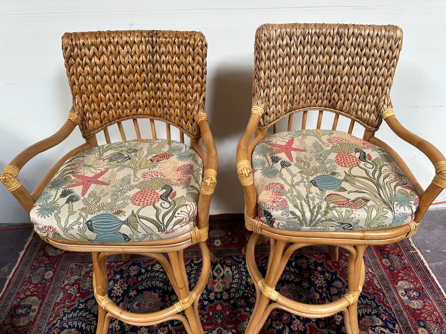 Just Added - Pair Of Rattan Swivel Bar Stools By Alexander & Sheridan Ltd 32'H Seat Height [Photo 3]