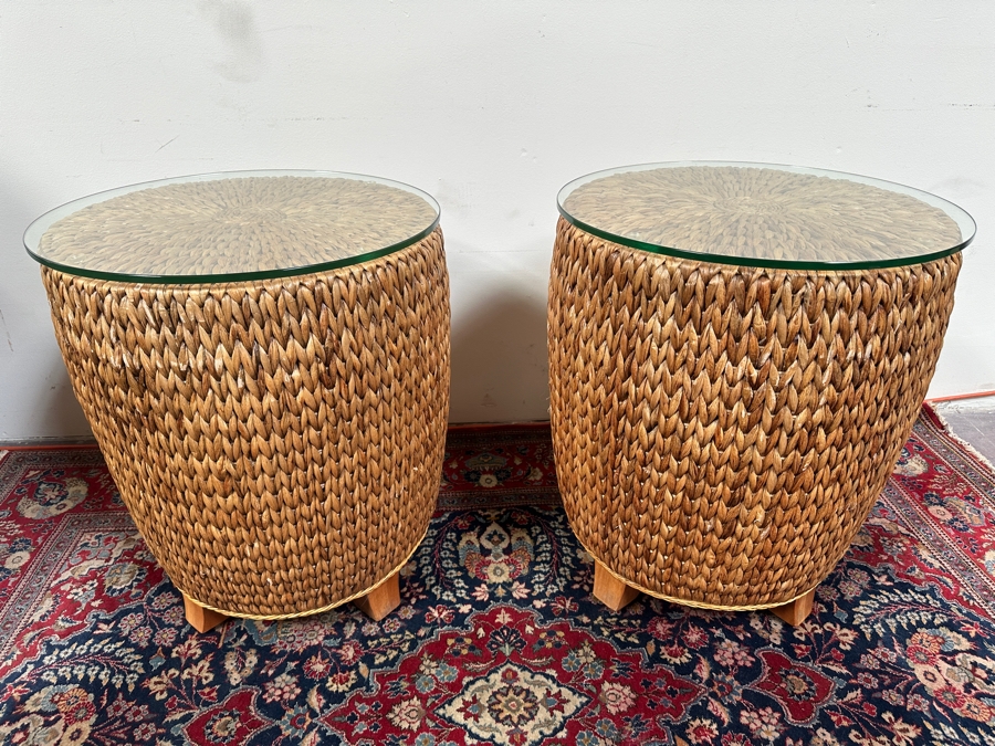 Just Added - Pair Of Drum Side Tables With Glass Tops By Alexander & Sheridan Ltd 21W X 24.5H [Photo 6]