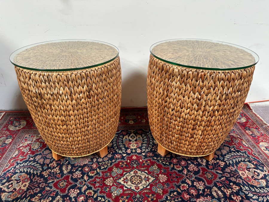 Just Added - Pair Of Drum Side Tables With Glass Tops By Alexander & Sheridan Ltd 21W X 24.5H [Photo 3]