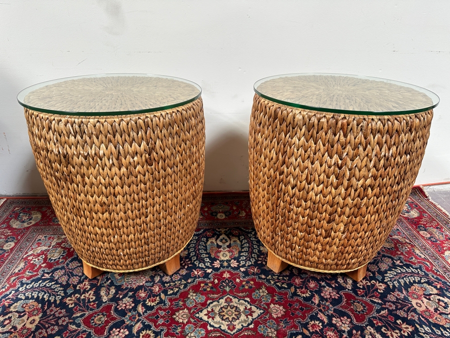 Just Added - Pair Of Drum Side Tables With Glass Tops By Alexander & Sheridan Ltd 21W X 24.5H [Photo 4]