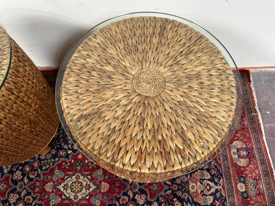 Just Added - Pair Of Drum Side Tables With Glass Tops By Alexander & Sheridan Ltd 21W X 24.5H [Photo 5]