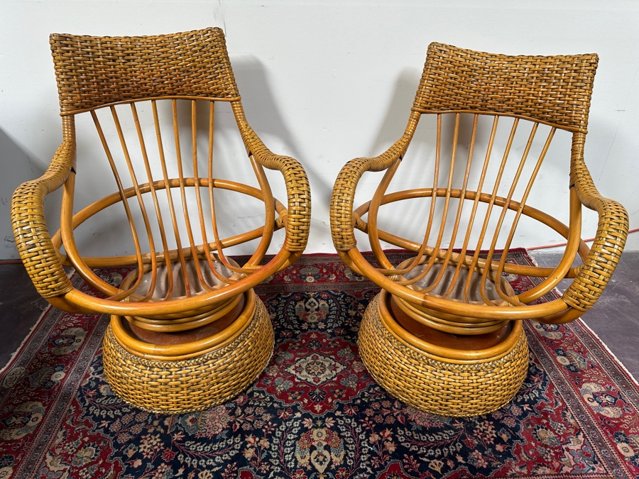 Just Added - Pair Of Vintage Rattan Swivel Armchairs By Boca Rattan 30W X 34D X 38H [Photo 2]