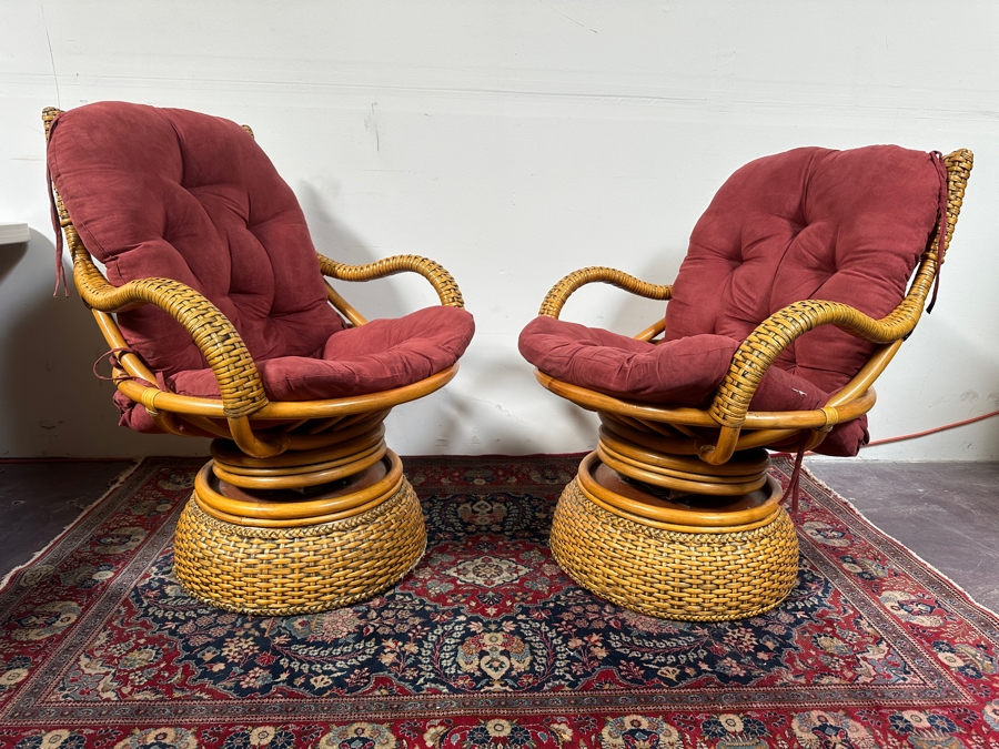 Just Added - Pair Of Vintage Rattan Swivel Armchairs By Boca Rattan 30W X 34D X 38H [Photo 4]