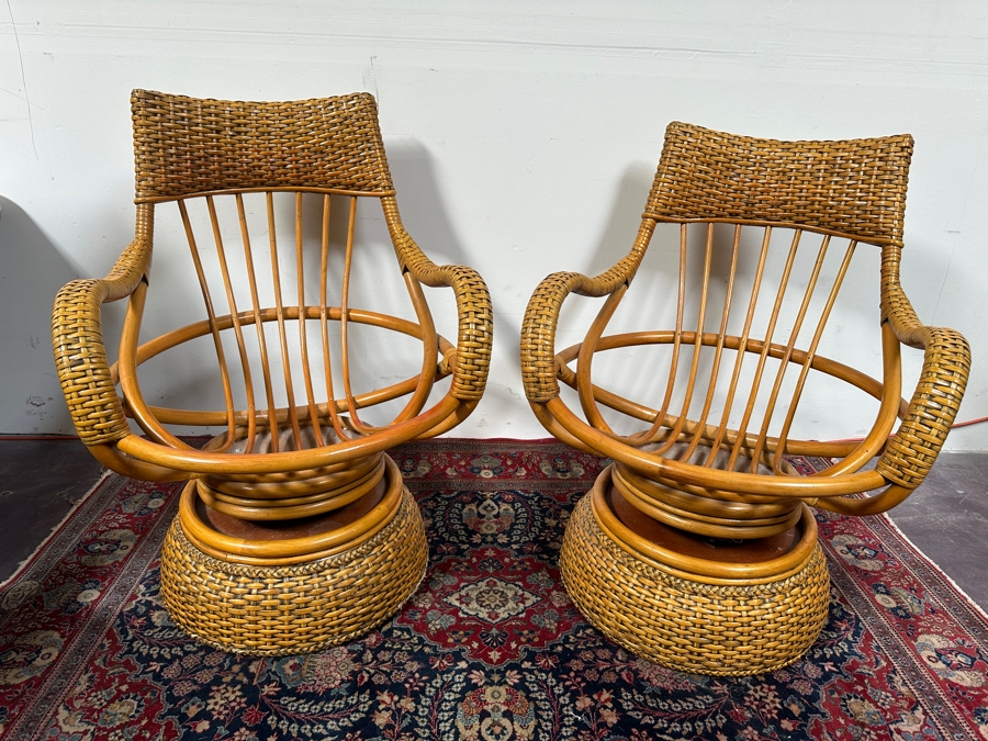 Just Added - Pair Of Vintage Rattan Swivel Armchairs By Boca Rattan 30W X 34D X 38H [Photo 8]