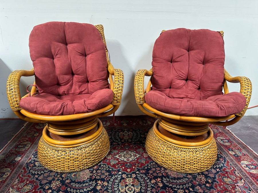 Just Added - Pair Of Vintage Rattan Swivel Armchairs By Boca Rattan 30W X 34D X 38H [Photo 3]