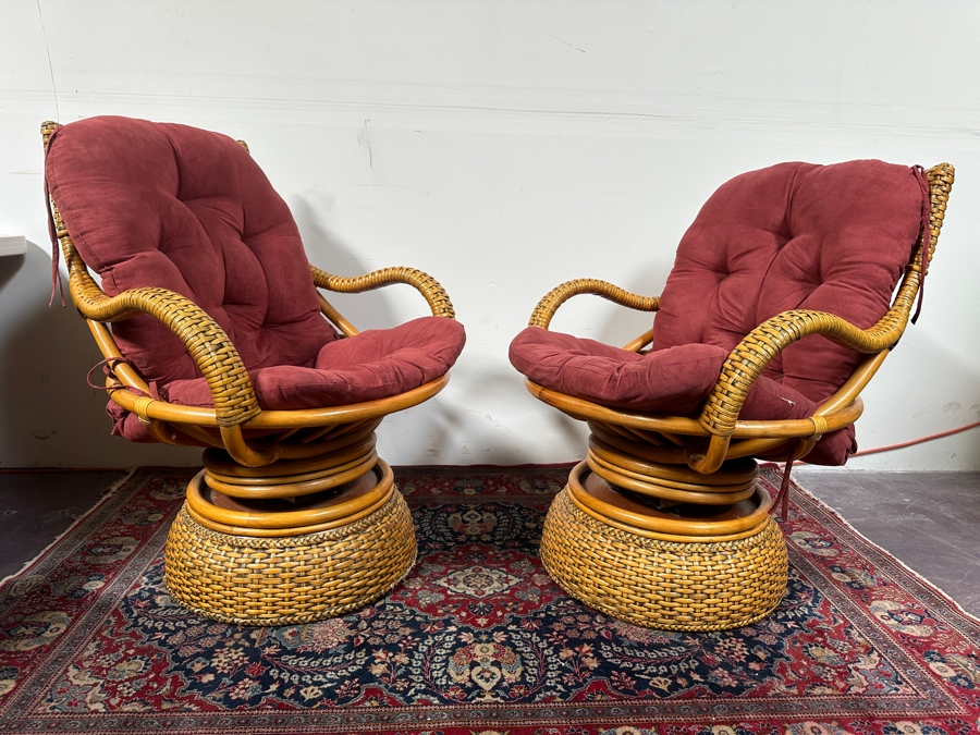 Just Added - Pair Of Vintage Rattan Swivel Armchairs By Boca Rattan 30W X 34D X 38H [Photo 5]