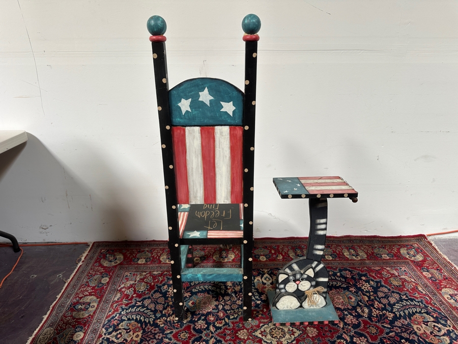 Just Added - Hand Painted Let Freedom Ring Chair 14W X 49H & Matching Side Table 12W X 8D X 24H [Photo 11]